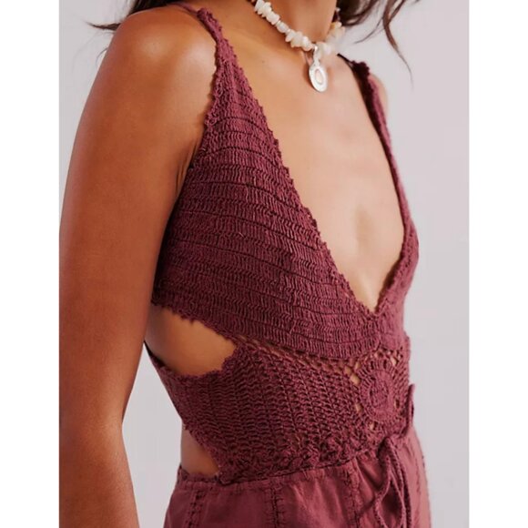 Free People Freya Crochet One Piece Jumpsuit in Brown XL NWT - Picture 3 of 11